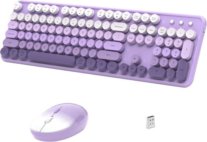 Links9+ Wireless Keyboard and Mouse, Full-Size Retro Typewriter Keyboard with Round Keycaps, 2.4GHz for Windows, Mac, Laptop, PC, Desktop (Purple Gradient) - Image 1